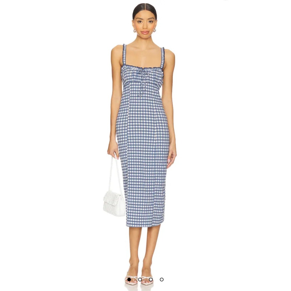 Free‎ People Lucinda Gingham Midi Dress Womens Size M Indigo Blue White NWT
